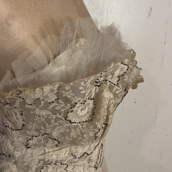 Vintage 50s Accordion Pleat Midi Dress Lace & Beaded Ruffle Medium - Picture 7 of 9